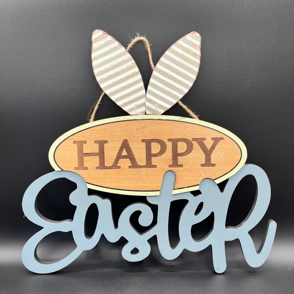 Happy Easter Wood Metal Sign Farmhouse Bunny Ears Wall Hanging Decor 13" x 13.5"